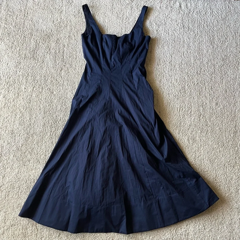 ✨NEW✨ STAUD Wells Midi Dress Navy Blue Classic Stretch Cotton Poplin Fit & Flare - Picture 2 of 9